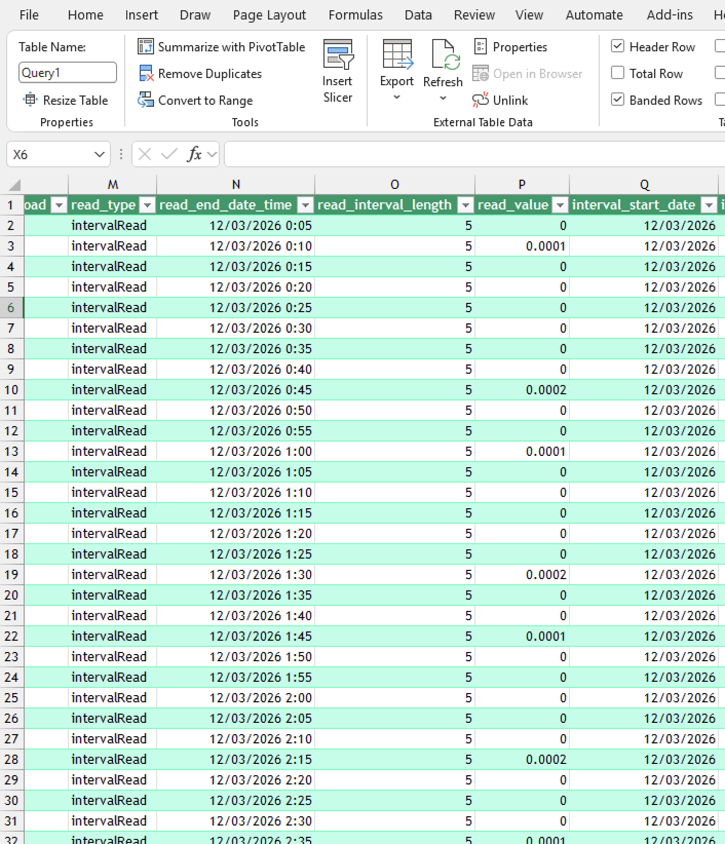 Excel electricity report